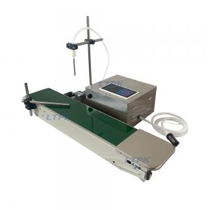 Low cost single nozzle liquid filler with conveyor for thin liquids